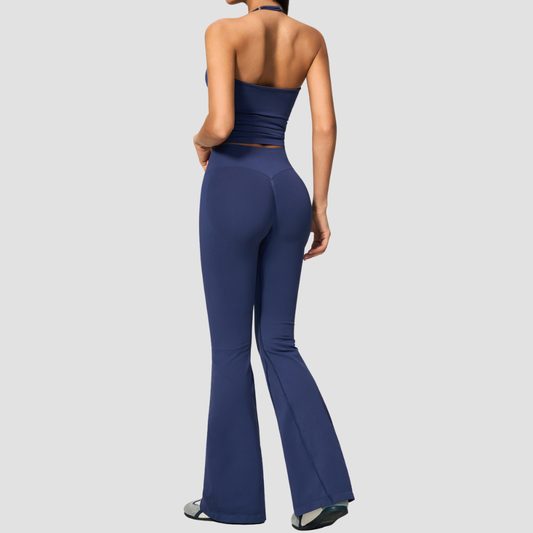 Wholesale Women's Seamless Yoga Set: Strappy Tank Top & Flare Pants – High-Stretch w/ Chest Pad