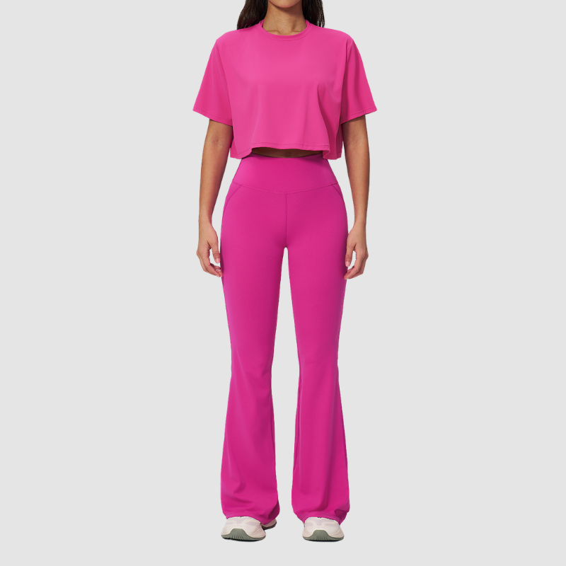 Wholesale round neck short sleeved top+flared pants 2-piece set