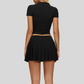 Slim-fit stand-up collar short-sleeved top+Anti-exposure design pleated skirt 2-piece set