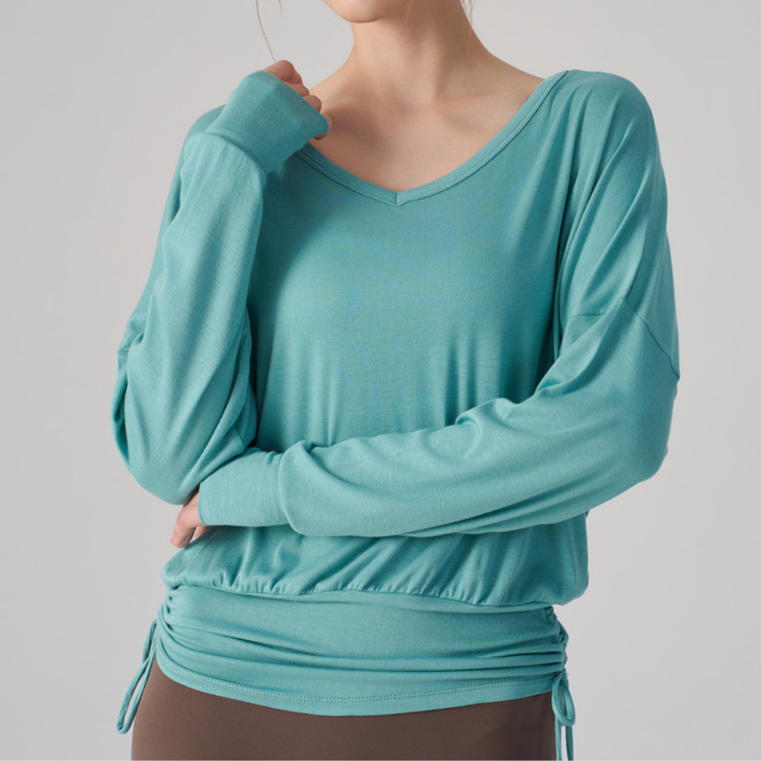 Wholesale V-Neck Batwing Sleeve Yoga Cover-up – Loose Drawstring T-Shirt