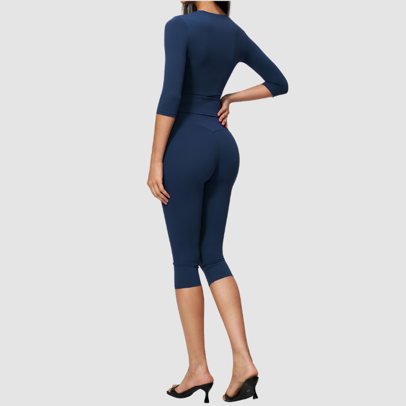 Wholesale Women's 3/4 Sleeve Crop Top & High-waisted Mid-Length Leggings Set