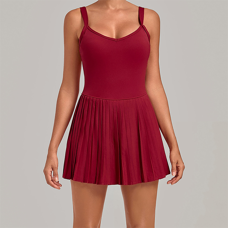 Wholesale Women's Fake Two-Piece Tennis Dress – Anti-Exposure Pleated Yoga Skirt w/ Built-in Shorts