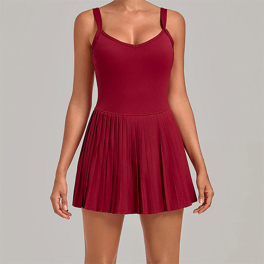 Wholesale Women's Fake Two-Piece Tennis Dress – Anti-Exposure Pleated Yoga Skirt w/ Built-in Shorts