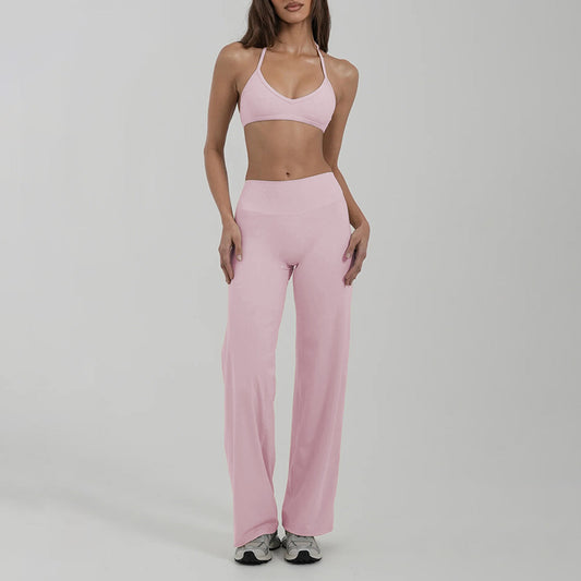 Halter-neck backless bra + loose wide-leg pants 2-piece set