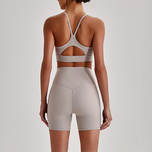 Wholesale Brushed Naked-Feel Open-Back Sports Bra & High-Waist Shorts Set – Sculpting Yoga 2-Piece