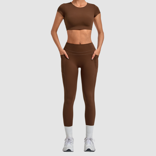 Wholesale Women's Naked-Feel Short Sleeve Crop Top + High-Waist Leggings Set – Moisture-Wicking Yoga Fitness Activewear
