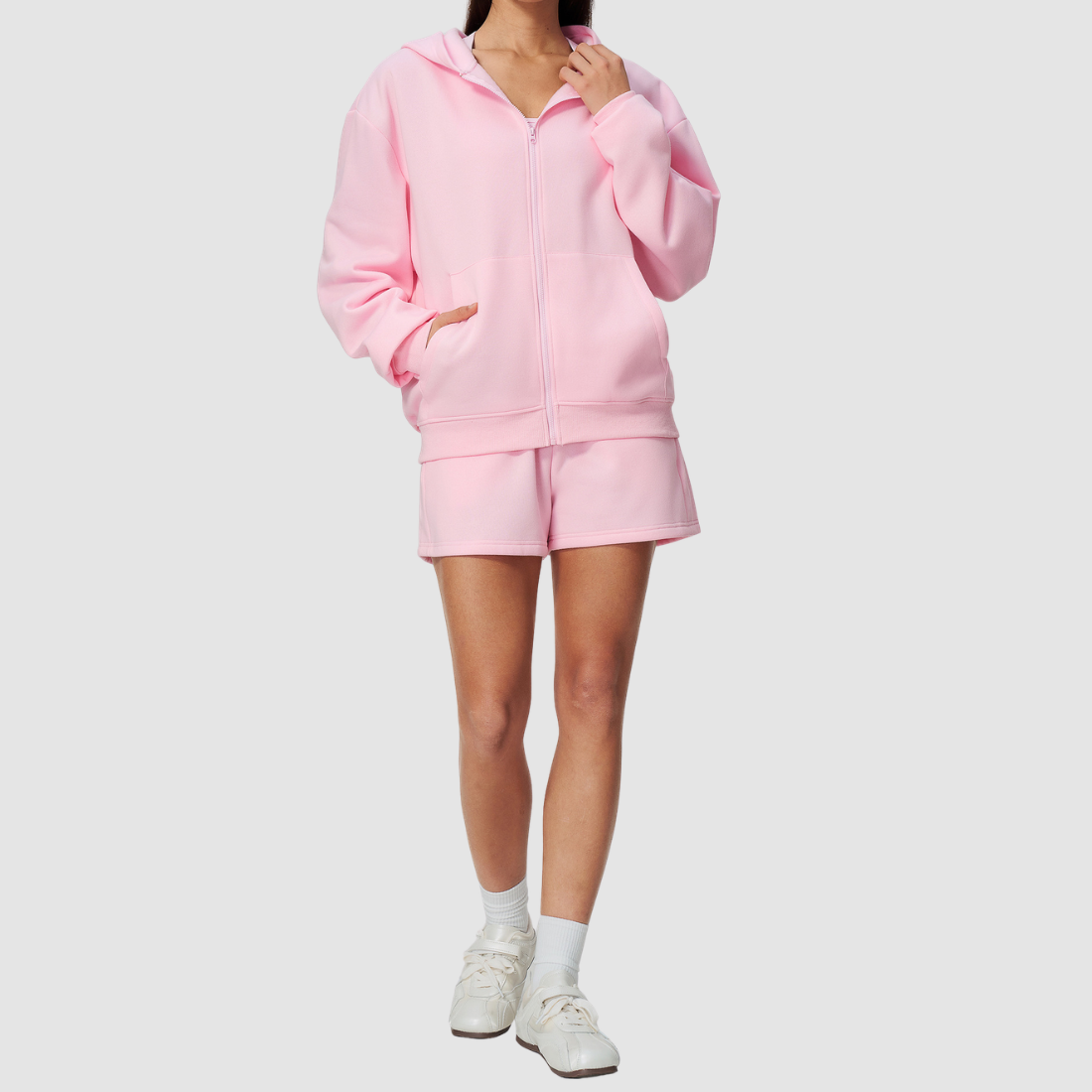 Wholesale Women's Warm Fleece-Lined Zip Up Hoodie & Sweat Shorts Set