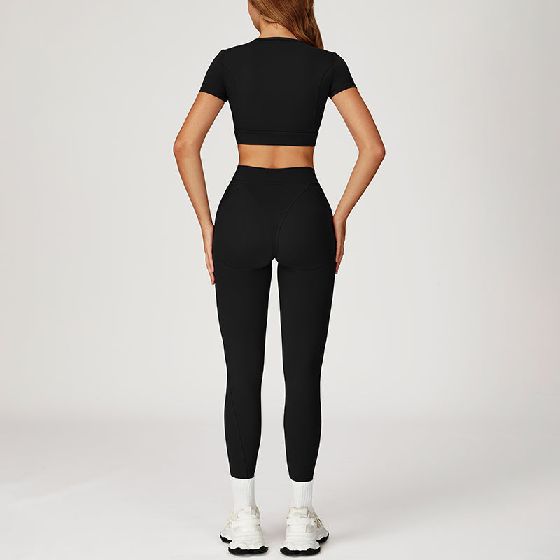 round-neck short sleeve sports crop top+high-waisted leggings set