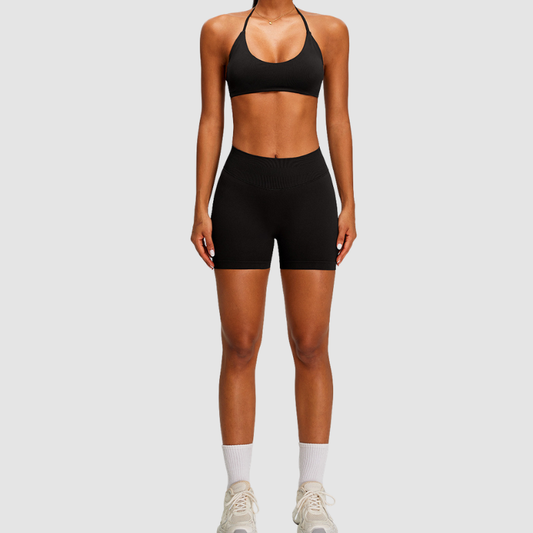 Wholesale Seamless Halter Sports Bra & High-Waist Biker Shorts Set – Naked-Feel Peach-Lift Yoga 2-Piece