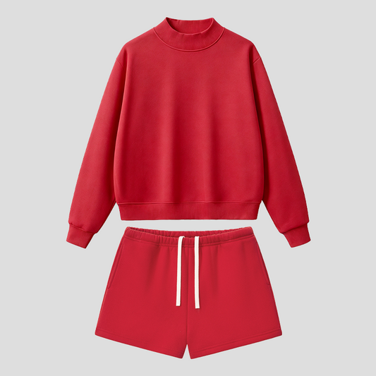 Semi-High Neck Top + Drawstring Shorts 2-piece set