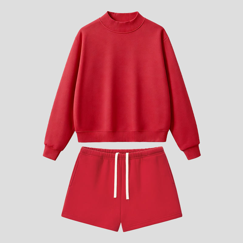 Semi-High Neck Top + Drawstring Shorts 2-piece set