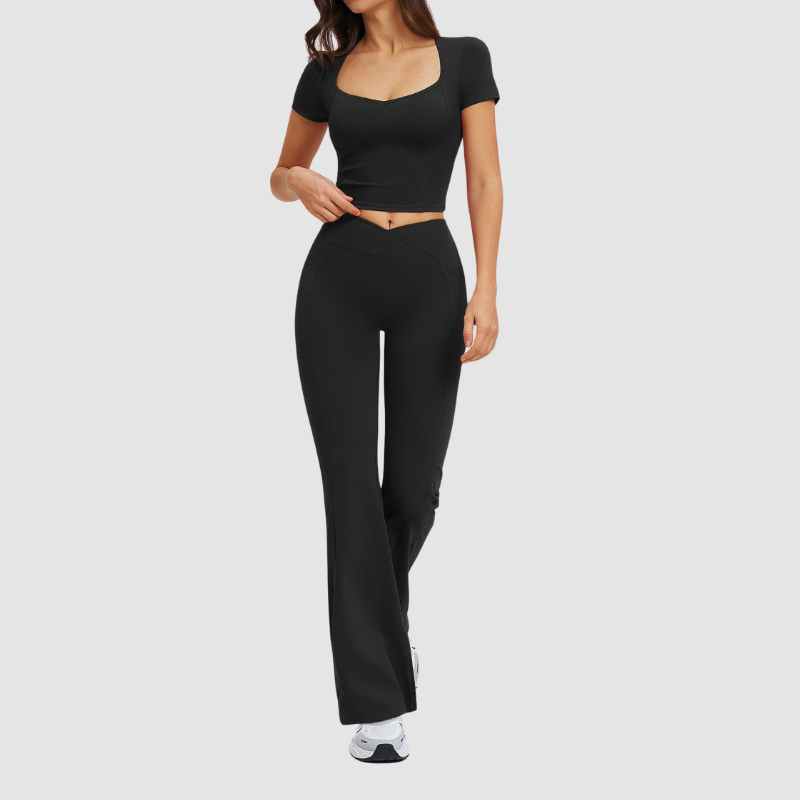 Wholesale square-neck crop top + high-waisted flared pants