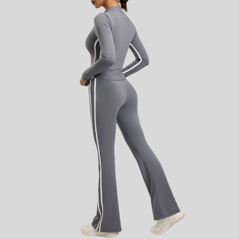 Contrast color slim sports jacket + slim flared pants 2-piece set