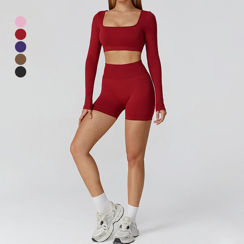 Sports de manga longa e contínua top + shorts de cintura alta