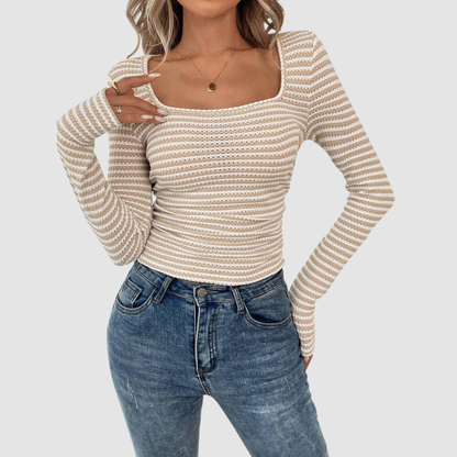 Wholesale Women's Long-Sleeve Top Square-Neck Color-Block Knit Top