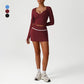 Snug-Fit Low-Cut Long Sleeves + Elastic Waistband Skirt 2-Piece Set