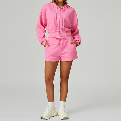 Loose hooded and full zipper Sweatshirt + drawstring shorts 2 pieces set