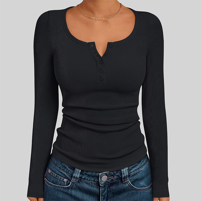 Wholesale Women's Button V-Neck Long Sleeve Ribbed Knit Top