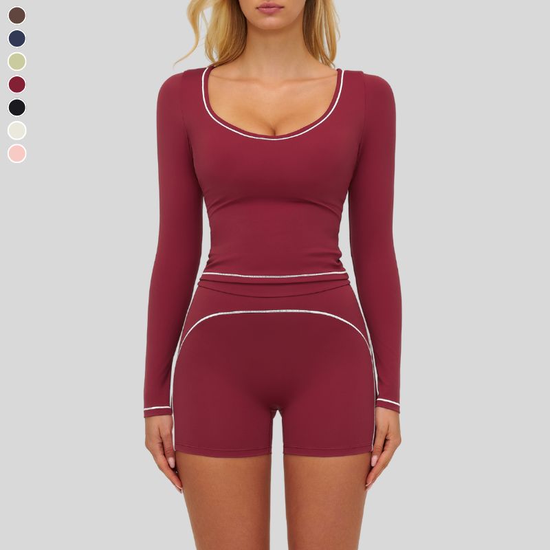 Color-blocked long-sleeved sports top+High waisted shorts 2-piece set