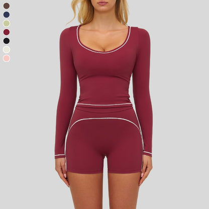 Color-blocked long-sleeved sports top+High waisted shorts 2-piece set