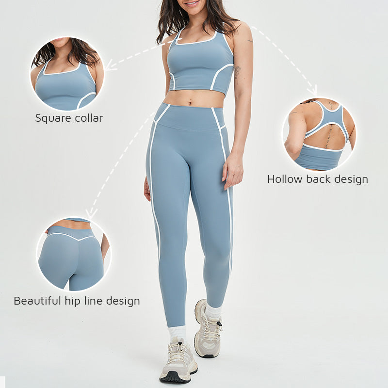 Women's contrasting color backless tank top + high-waisted leggings 2-piece set