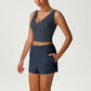 V-Neck Crop Top + Loose Sports Shorts 2-Piece Set