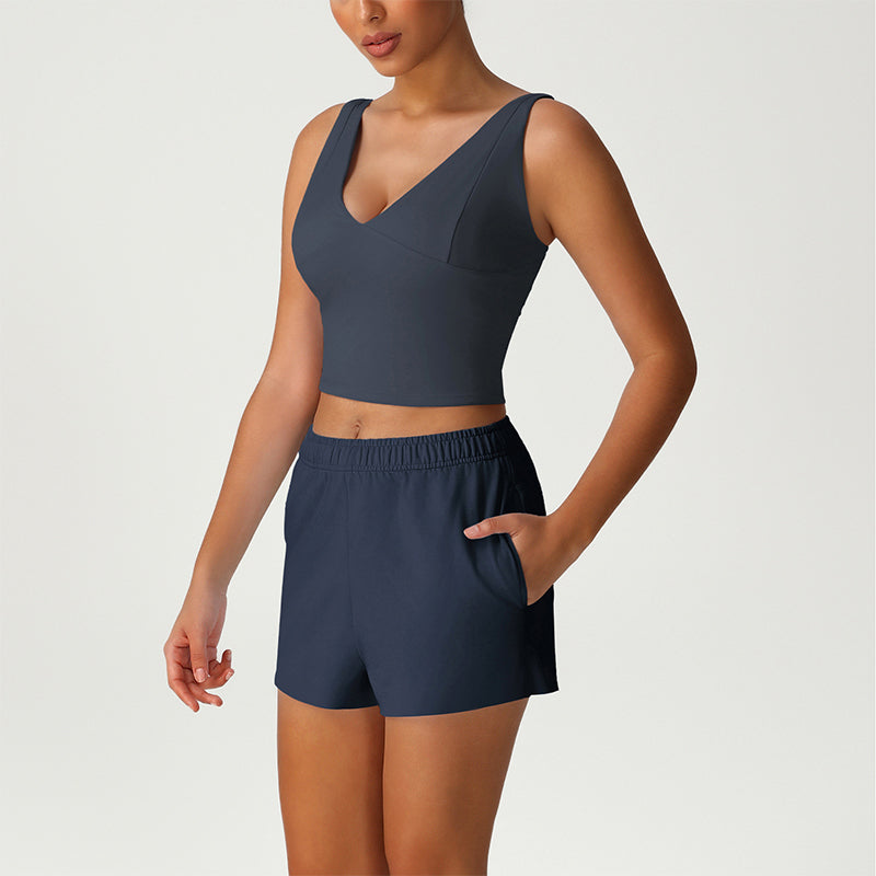V-Neck Crop Top + Loose Sports Shorts 2-Piece Set