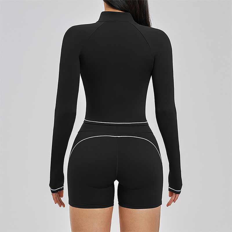 Color blocking Sports jacket+Sport Bra+High waisted shorts 3-piece set