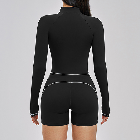 Color blocking Sports jacket+Sport Bra+High waisted shorts 3-piece set