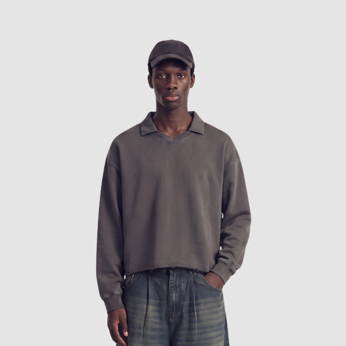 Wholesale Men’s Washed Boxy V-Neck Cotton Sweatshirt