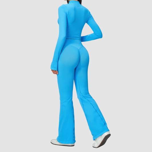 Wholesale Women's Stand-Collar Zip Jacket & Flared Yoga Pants Set
