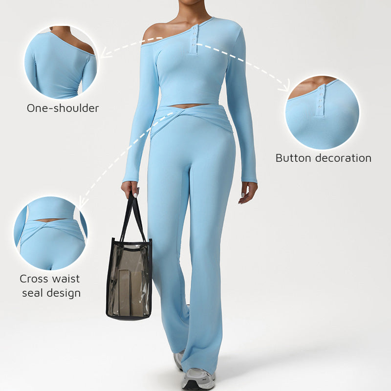 One-Shoulder Long Sleeve top + Crossover Waist Flared Pants 2-Piece Set