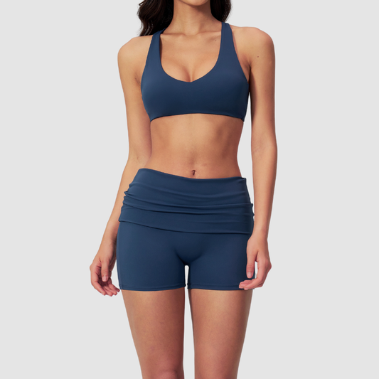 Wholesale Cross Trap Sports Bra + Fold-Up Waistband Shorts 2-Piece Set