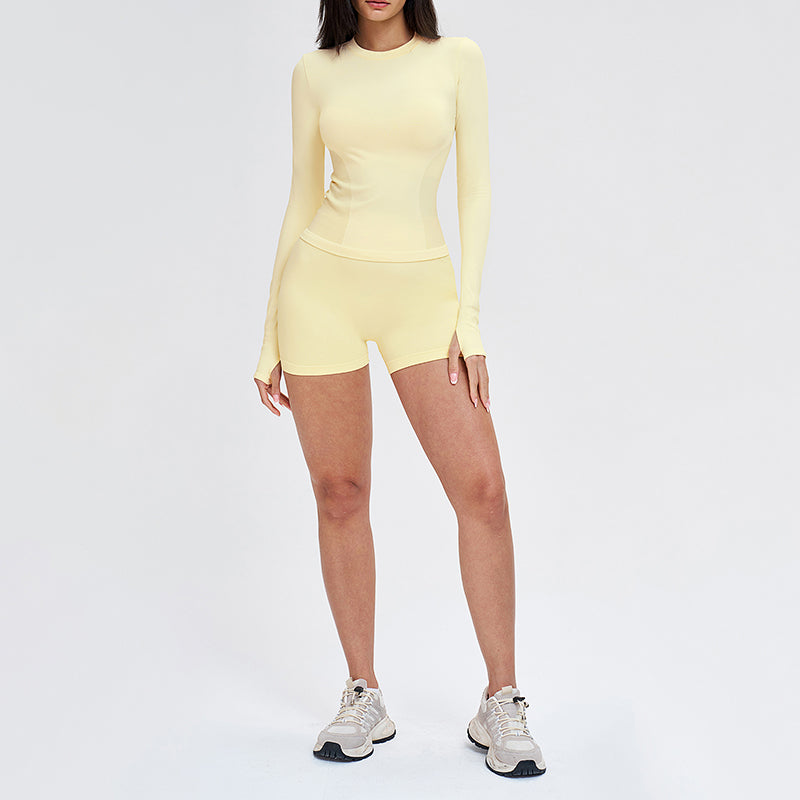 Wholesale solid color long-sleeved top + shorts