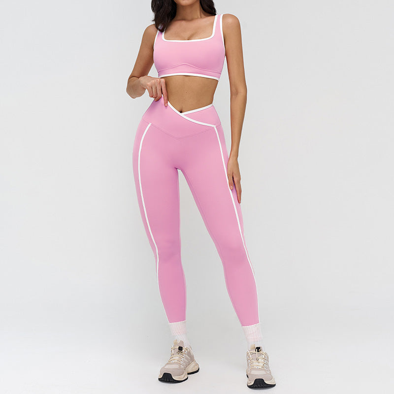 Women's Contrasting Color Wide Strap Sports Bra + leggings 2-Piece Set