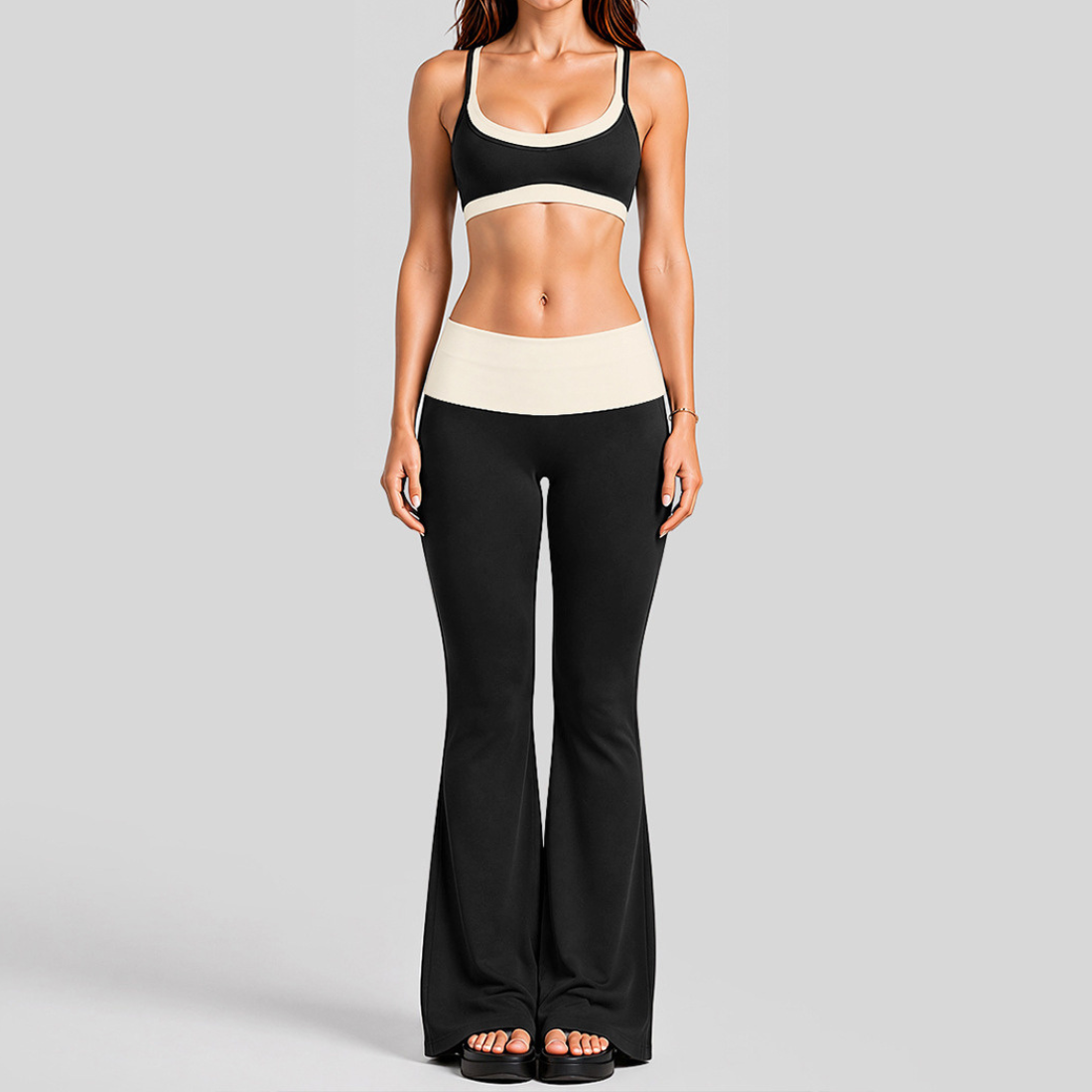 Women's Activewear Padded Faux Two-Piece Sports Bra & Flared Pants Yoga Set