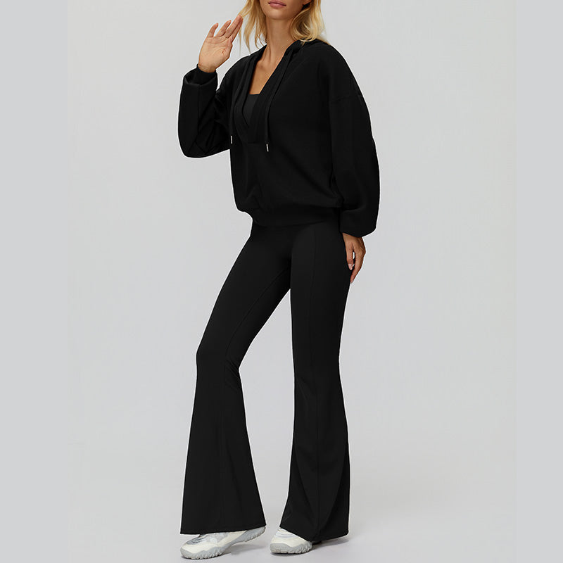 V-neck large hooded jacket+Sports tank top+High-waisted pleated back pants 3-piece set