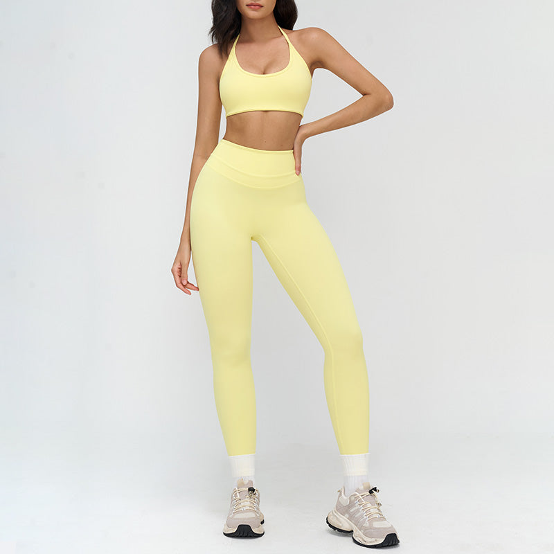Halter-neck open-back sports bra + high-waisted leggings 2-piece set