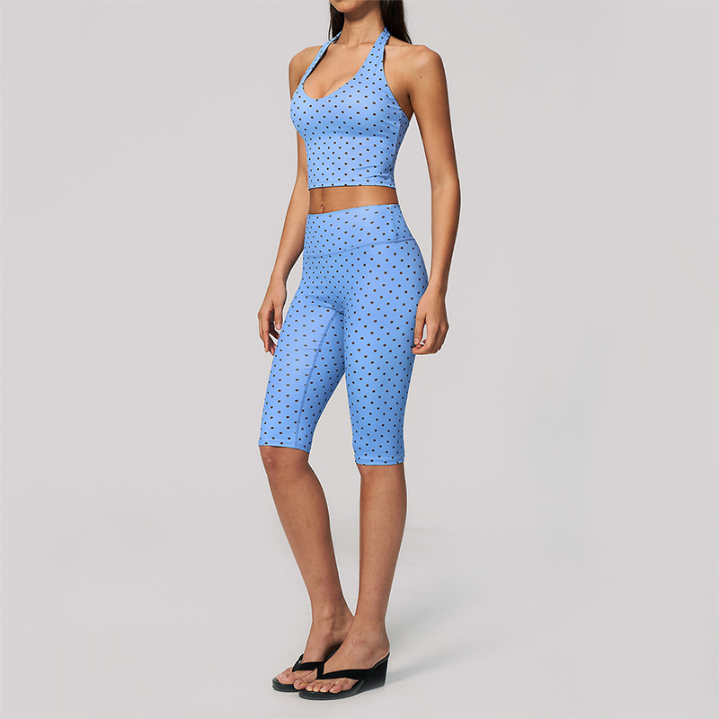 Wholesale Women's Deep V high-elastic polka-dot vest + high-waisted Capri Shorts Set