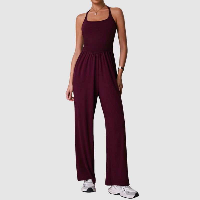 Wholesale Halter-Neck Cutout Open-Back Wide-Leg Jumpsuit with Built-In Bra – Casual Yoga Romper