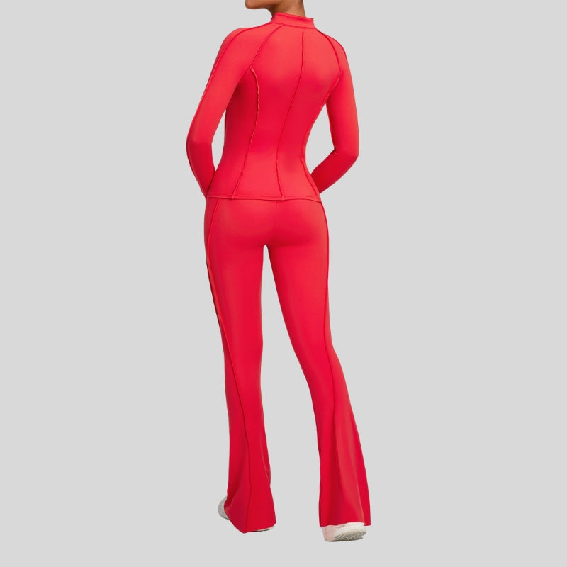 Thumb-buckle zipper jacket + slightly flared pants + sports bra 3-piece set