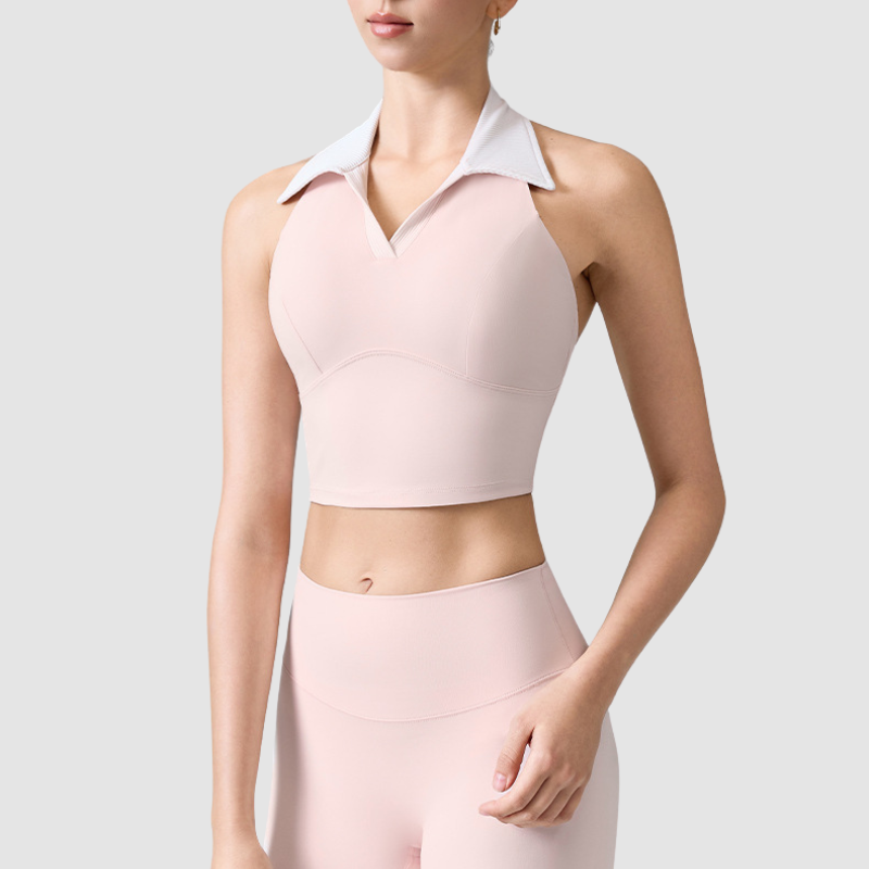 Wholesale Women's Contrast Collar Sports Bra – Fixed Cup POLO Collar Fitness Yoga Bra