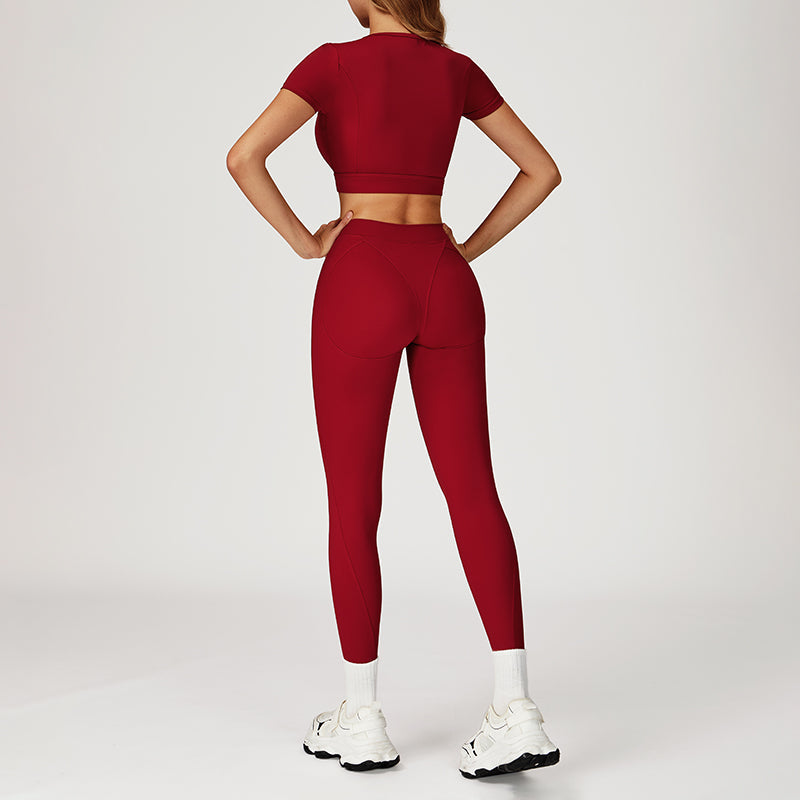 round-neck short sleeve sports crop top+high-waisted leggings set