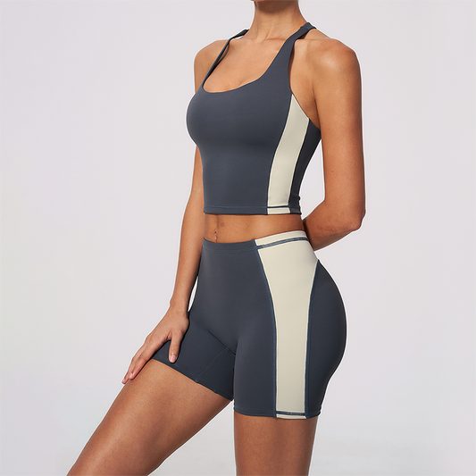 Wholesale Women's Colorblock Bare-Feel Yoga Set Tank Top & Shorts w/ Chest Pad