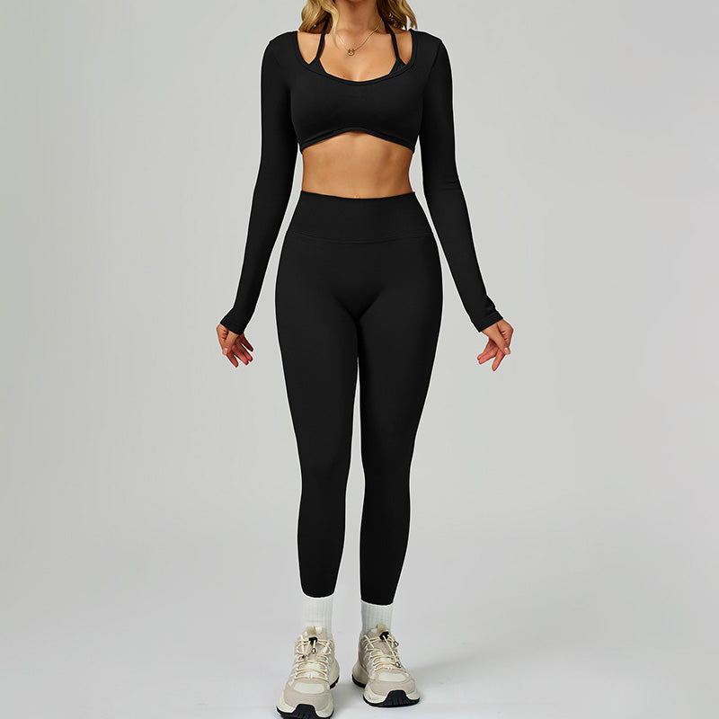 Seamless halter long sleeve top + High-waisted leggings 2-Piece Set