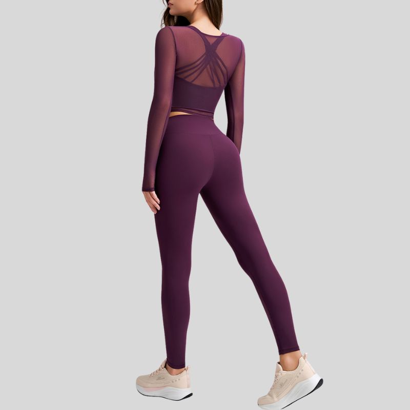 Sheer Mesh Top + Cross Back Bra + High-Waist Leggings 3-Piece Set