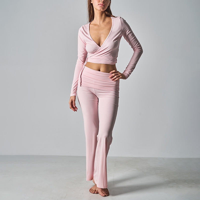 Women's Morday Side Drawstring Yoga Top + High-Waisted Wide-Leg Pants 2-Piece Set