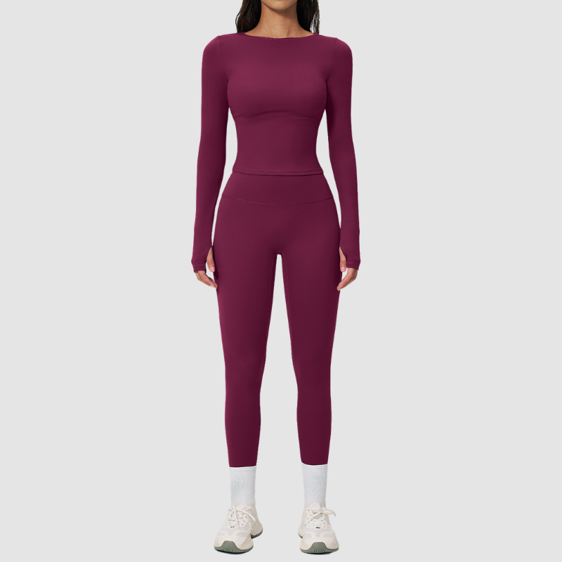 Wholesale Seam-Detail Long-Sleeve Crop Top & High-Waist Leggings Set – Brushed Yoga 2-Piece