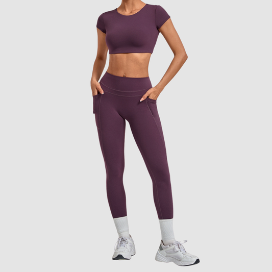 Wholesale Women's Naked-Feel Short Sleeve Crop Top + High-Waist Leggings Set – Moisture-Wicking Yoga Fitness Activewear