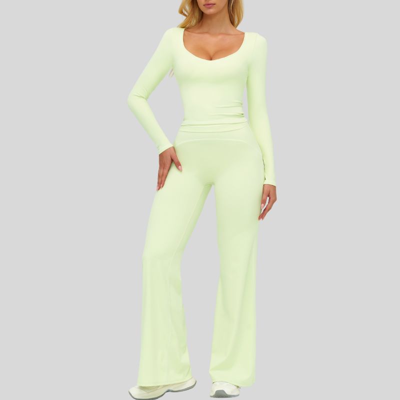 Color-blocked long-sleeved sports top+ High-waisted wide-leg pants 2-piece set